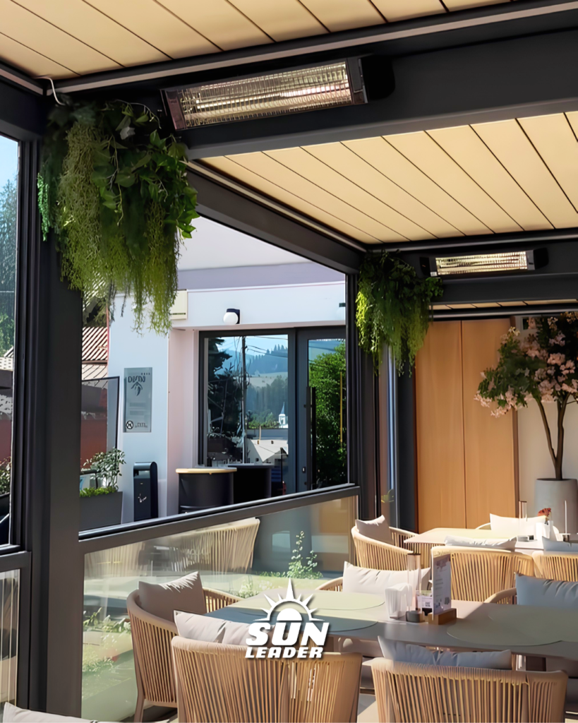 Hotel Dorna, Vatra Dornei. Terasa amenajata cu Sun Leader cu pergole retractabile bioclimatice si sticla